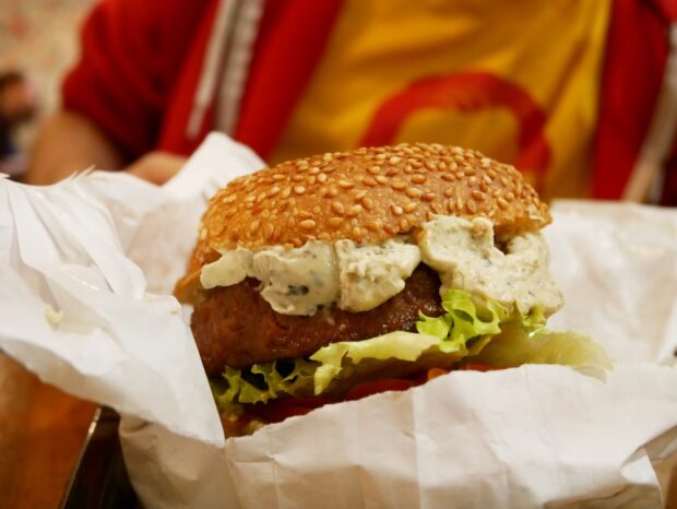 Un burger avec du pain au sésame, de la crème, un épais steak Beyond Meat et de la salade. Au fonc, flou, on voit Guillaume dans son sweat rouge et son t-shirt Noam Chomsky jaune et rouge.