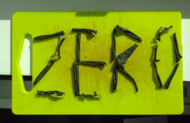 Pelures de courgettes séchées, qui forment les lettres ZERO.