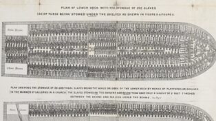 Dessin partiel d'un navire négrier du 18e siècle. Des hommes noirs sont alignés les uns collés aux autres, partout sur un navire.