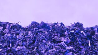 Décharge sous un ciel gris. La photo est filtrée en violet.