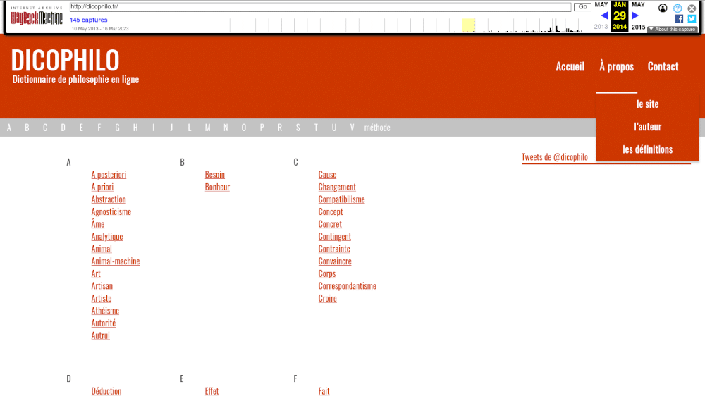 Page d'accueil V2 : un menu par lettre (A, B, etc.) et une liste des définitions.