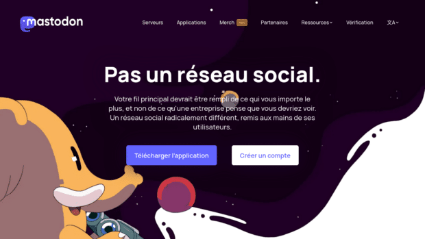 Pas un réseau social. Capture de l'accueil de joinmastodon.org avec le titre modifié.